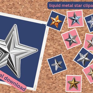 May include: A corkboard with a blue background and the text "digital download" in pink. The corkboard is decorated with nine silver and gold star-shaped stickers. The text "liquid metal star clipart" is at the top of the image.