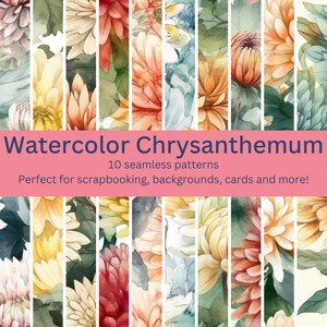 Op de afbeelding: Een digitale collage van 10 aquarelpatronen met chrysanten in verschillende tinten geel, oranje, rood en wit. De patronen zijn naadloos en kunnen worden gebruikt voor scrapbooking, achtergronden, kaarten en meer.