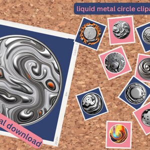 May include: A collection of digital clipart images featuring liquid metal circles in various swirling patterns and colours. The circles are displayed on a corkboard with the text "liquid metal circle clipart" and "digital download".