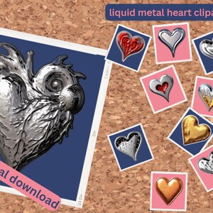 May include: A collection of digital clipart images featuring liquid metal hearts in various colours and finishes, including silver, gold, red, and a dripping gold effect. The text "liquid metal heart clipart" and "digital download" is visible on the image.