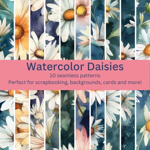 10 Digital Seamless Dark Watercolor Daisies Patterns: Bold Floral Designs for DIY Projects, Invitations & Backgrounds - Instant Download Art
