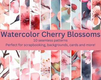 10 Digital Seamless Watercolor Cherry Blossom Patterns: Even More Floral Designs for DIY Crafts, Invitations & Backgrounds -Instant Download