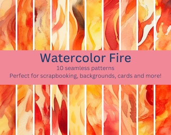 10 Digital Seamless Watercolor Fire Patterns: Captivating Flame Designs for DIY Crafts, Decor& Backgrounds - Instant Download Art Collection