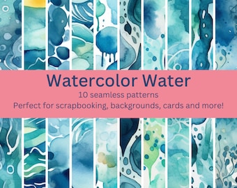 10 Digital Seamless Watercolor Water Patterns: Calming Wave Designs for DIY Crafts, Decor & Backgrounds - Instant Download Artwork