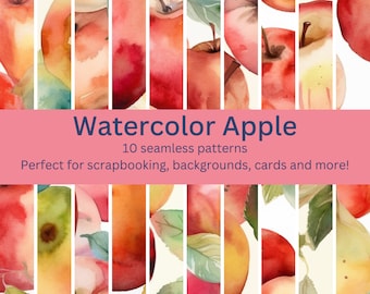 10 Watercolor Seamless Digital Apple Patterns - More Captivating Designs Perfect for Crafting, Web Design, Decor Projects - Instant Download