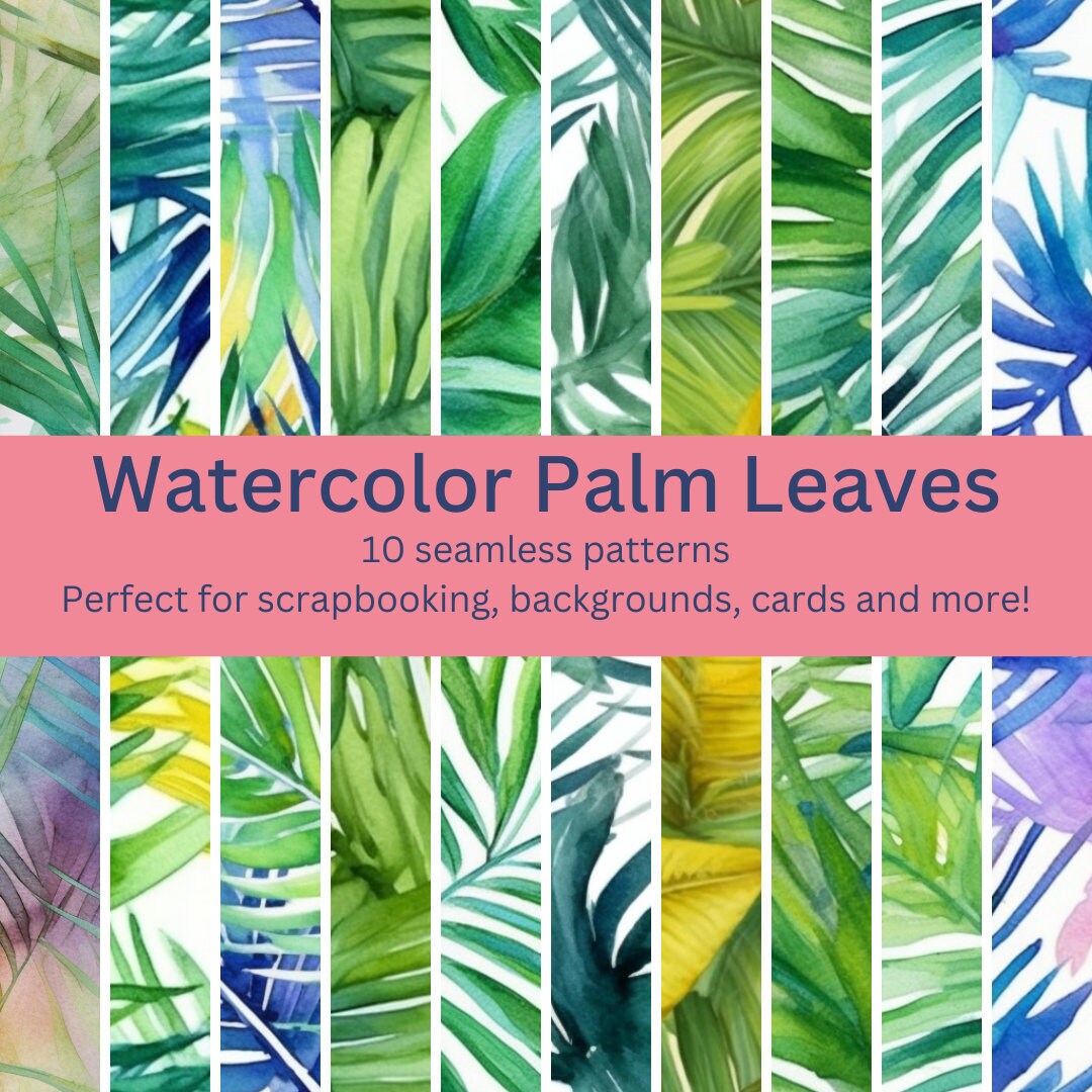 10 Digital Seamless Watercolor Palm Leaves Patterns: Tropical Foliage ...