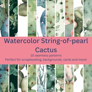 Puede incluir: Ilustración de acuarela de 10 patrones sin costuras con cactus de collar de perlas en varios tonos de verde. El texto "Watercolor String-of-pearl Cactus" y "10 seamless patterns" se muestra sobre un fondo rosa.