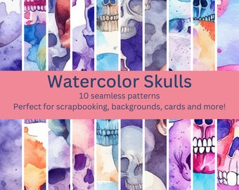 10 Digital Seamless Skull Patterns: Even More Vibrant Watercolor Designs for DIY Crafts, Edgy Decor & Backgrounds - Instant Download Artwork