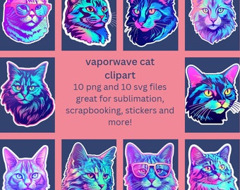 Puede incluir: Un conjunto de 10 imágenes de clipart digital que presentan gatos de estilo vaporwave con colores neón y una estética retro. Las imágenes son perfectas para la sublimación, el scrapbooking, las pegatinas y mucho más.