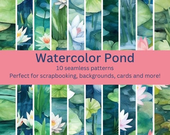 10 Tranquil Pond Watercolor Patterns - Digital Seamless Designs for Nature, Outdoor Themes - Instant Download