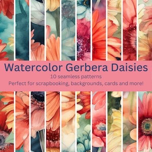 Op de afbeelding: Naadloze aquarelpatronen met levendige rode, oranje en gele gerbera's. De patronen zijn perfect voor scrapbooking, achtergronden, kaarten en meer! Naadloze aquarelpatronen met levendige rode, oranje en gele gerbera's. De patronen zijn perfect voor scrapbooking, achtergronden, kaarten en meer!