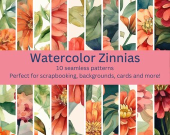 10 Digital Seamless Watercolor Zinnia Patterns: Colorful Floral Designs for DIY Crafts, Invitations & Backgrounds - Instant Download Art