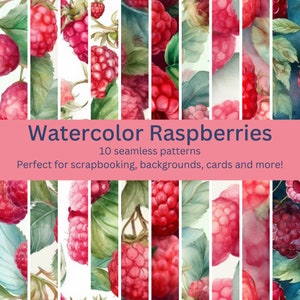 May include: A digital collage of 10 seamless patterns featuring watercolor illustrations of red raspberries with green leaves. The text "Watercolor Raspberries" and "10 seamless patterns" is displayed on a pink background.