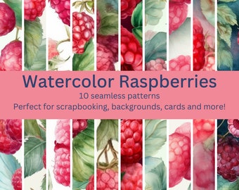 10 Vibrant Digital Seamless Watercolor Raspberry Patterns: Designs Perfect for DIY Crafts, Home Decor, Backgrounds - Instant Download Art