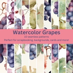 10 Vibrant Digital Seamless Watercolor Grape Patterns: Designs Perfect for DIY Crafts, Home Decor, Backgrounds - Instant Download Artwork
