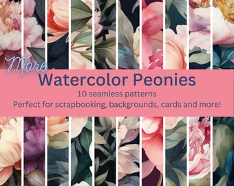 10 More Digital Seamless Dark Watercolor Peonies Patterns: Romantic Floral Designs for DIY Projects, Invitations, Backgrounds - Download Art