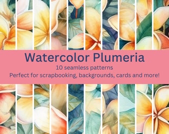 10 Exotic Plumeria Watercolor Patterns - Even More Digital Seamless Designs for Tropical Feel, Instant Download
