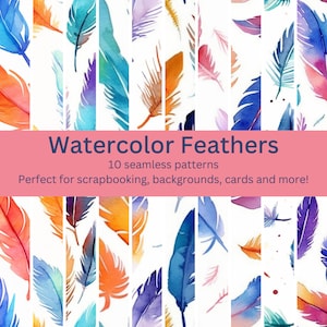 Puede incluir: Una descarga digital de 10 patrones de plumas de acuarela sin costuras en varios colores, perfectos para scrapbooking, fondos, tarjetas y más.  Plumas de acuarela - 10 patrones sin costuras.