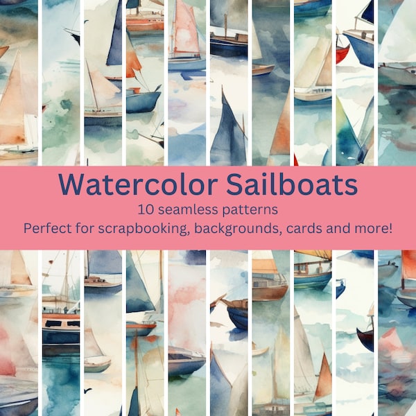 10 Vibrant Digital Seamless Sailboat Watercolor Patterns - Ideal for Nautical Themes, Scrapbooking, Home Decor, and DIY Marine Crafts