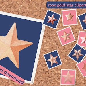 May include: A collection of rose gold star clipart images on a corkboard background. The stars are arranged in a random pattern and are all the same size. The text "rose gold star clipart" is written at the top of the image. The text "digital download" is written at the bottom of the image.