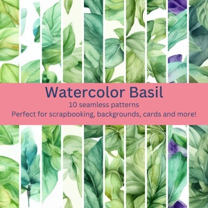 10 vivaci modelli di acquerelli di basilico senza cuciture digitali: altri disegni perfetti per erbe, cucina, artigianato a tema giardino - Download istantaneo arte