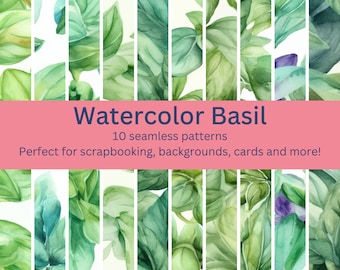 10 Vibrant Digital Seamless Basil Watercolor Patterns :More Designs Perfect for Herb, Kitchen, Garden-Themed Crafts -Instant Download Art