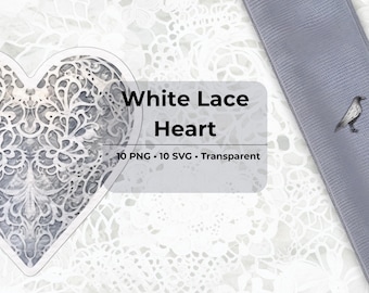 Watercolor White Lace Heart Clipart Bundle – 10 PNG + 10 SVG | Transparent Valentine Stickers, Print-then-Cut, Sublimation