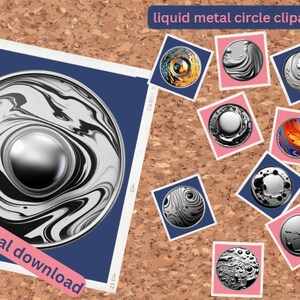 May include: A collection of digital clipart images featuring liquid metal circles in various colours and patterns. The circles have a metallic sheen and appear to be flowing and swirling. The text "liquid metal circle clipart" and "digital download" is visible in the image.