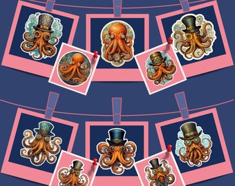 Steampunk Octopus Clipart-bundel - 10 ongebruikelijke PNG- en SVG-bestanden voor scrapbooking, stickers, sublimatiedruk