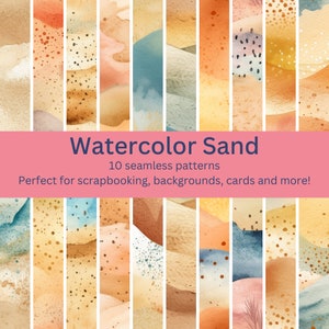 May include: Ten seamless watercolour patterns featuring abstract sand dune designs in shades of brown, orange, blue, and beige. The patterns are perfect for scrapbooking, backgrounds, cards, and more.