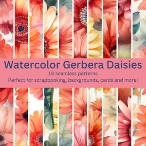10 Digital Seamless Light Watercolor Gerbera Daisy Patterns: Floral Designs for DIY Projects, Invitations, Backgrounds - Instant Download
