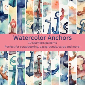 10 Nautical Anchor Watercolor Patterns - More Digital Seamless Designs Perfect for Marine, Sea, Beach Themes - Instant Download