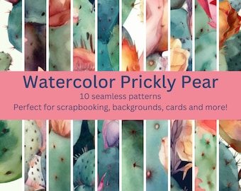 10 Seamless Prickly Pear Cactus Watercolor Patterns - More High-Quality Digital Artwork for Instant Download, Perfect for Crafting