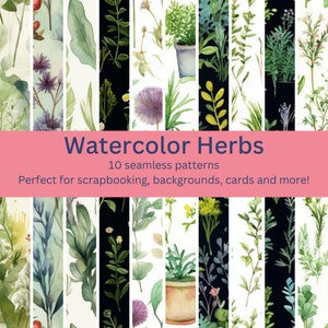 10 digitale naadloze aquarel kruidenpatronen: aromatische botanische ontwerpen voor doe-het-zelvers, decor en achtergronden - Instant Download Artwork