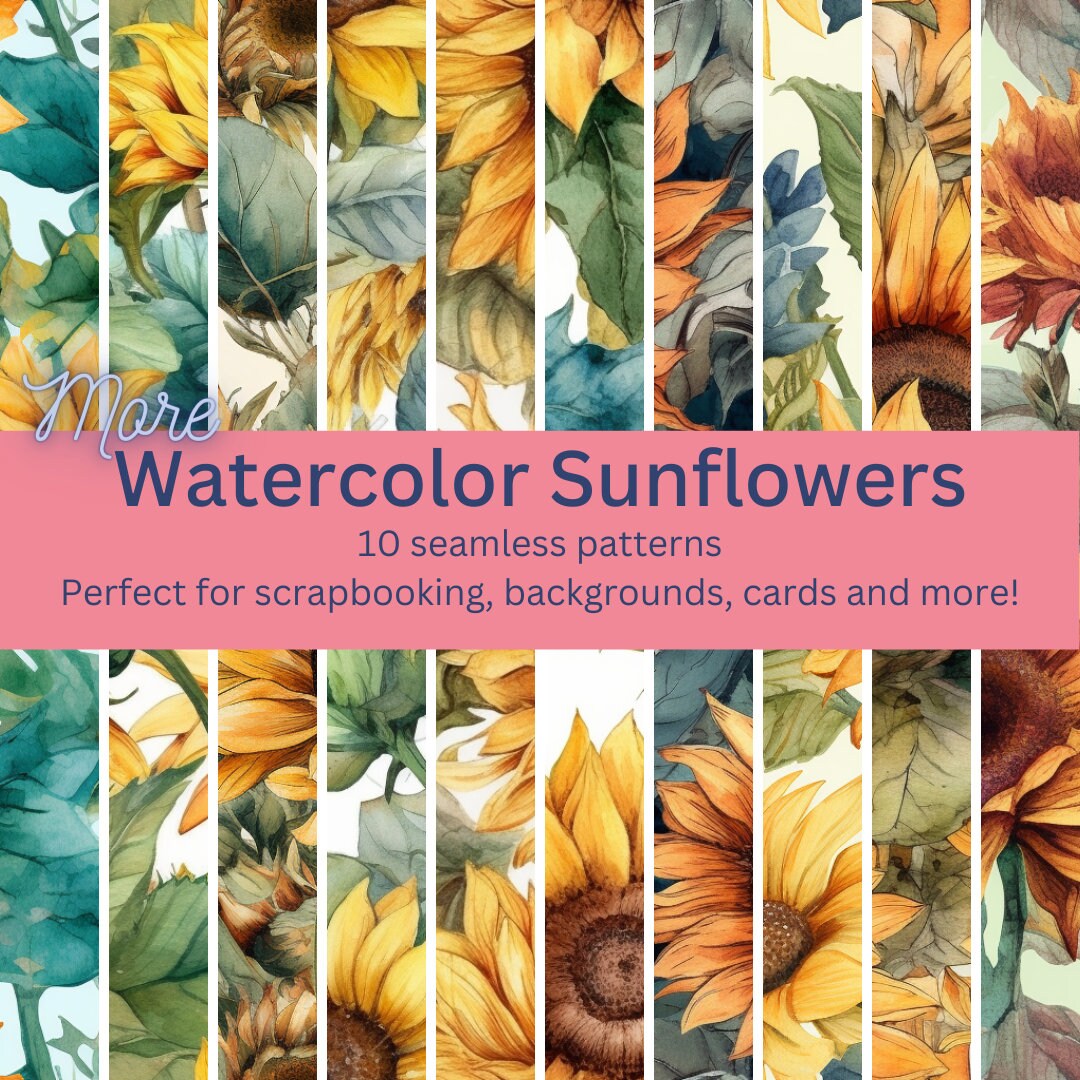 10 More Digital Seamless Watercolor Sunflower Patterns: Vibrant Floral ...