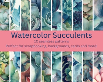 May include: A digital collage of 10 watercolour succulent patterns. The patterns feature various shades of green, blue, and pink. The text "Watercolor Succulents" and "10 seamless patterns" is displayed on a pink background.