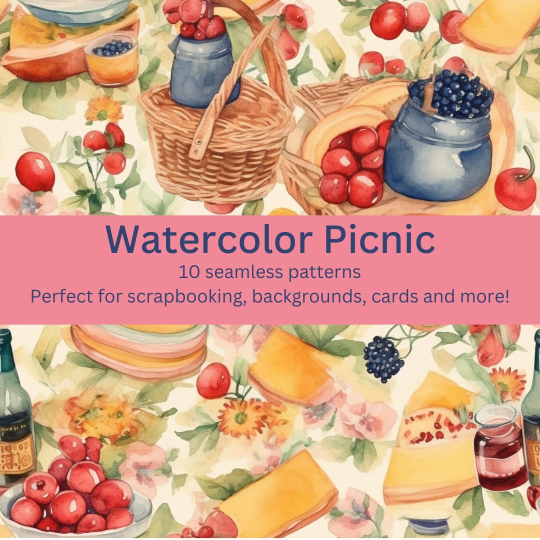 Summer Pinic Pattern 10 Vibrant Picnic Watercolor Patterns - Digital Seamless Designs for ...