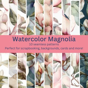 Pode incluir: Uma coleção de 10 padrões de aquarela sem costura com flores de magnólia rosa e folhas verdes.  Watercolor Magnolia. 10 padrões sem costura. Perfeito para scrapbooking, fundos, cartões e muito mais!