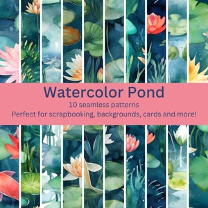 10 Tranquil Pond Watercolor Patterns - More Digital Seamless Designs for Nature, Outdoor Themes - Instant Download