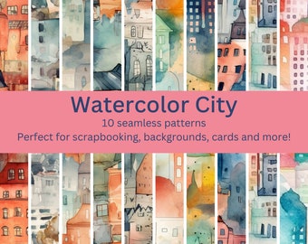 10 patrones de paisajes urbanos de acuarela sin costuras digitales: diseños de horizonte urbano para manualidades, decoración y fondos de bricolaje - Arte de descarga instantánea