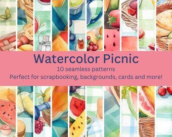 10 Vibrant Picnic Watercolor Patterns - Even More Digital Seamless Designs for Summer, Outdoor Fun - Instant Download