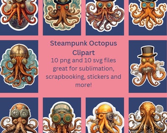 Nog meer Steampunk Octopus Clipart-bundel - 10 PNG & SVG-bestanden voor scrapbooking, stickers, sublimatiedruk