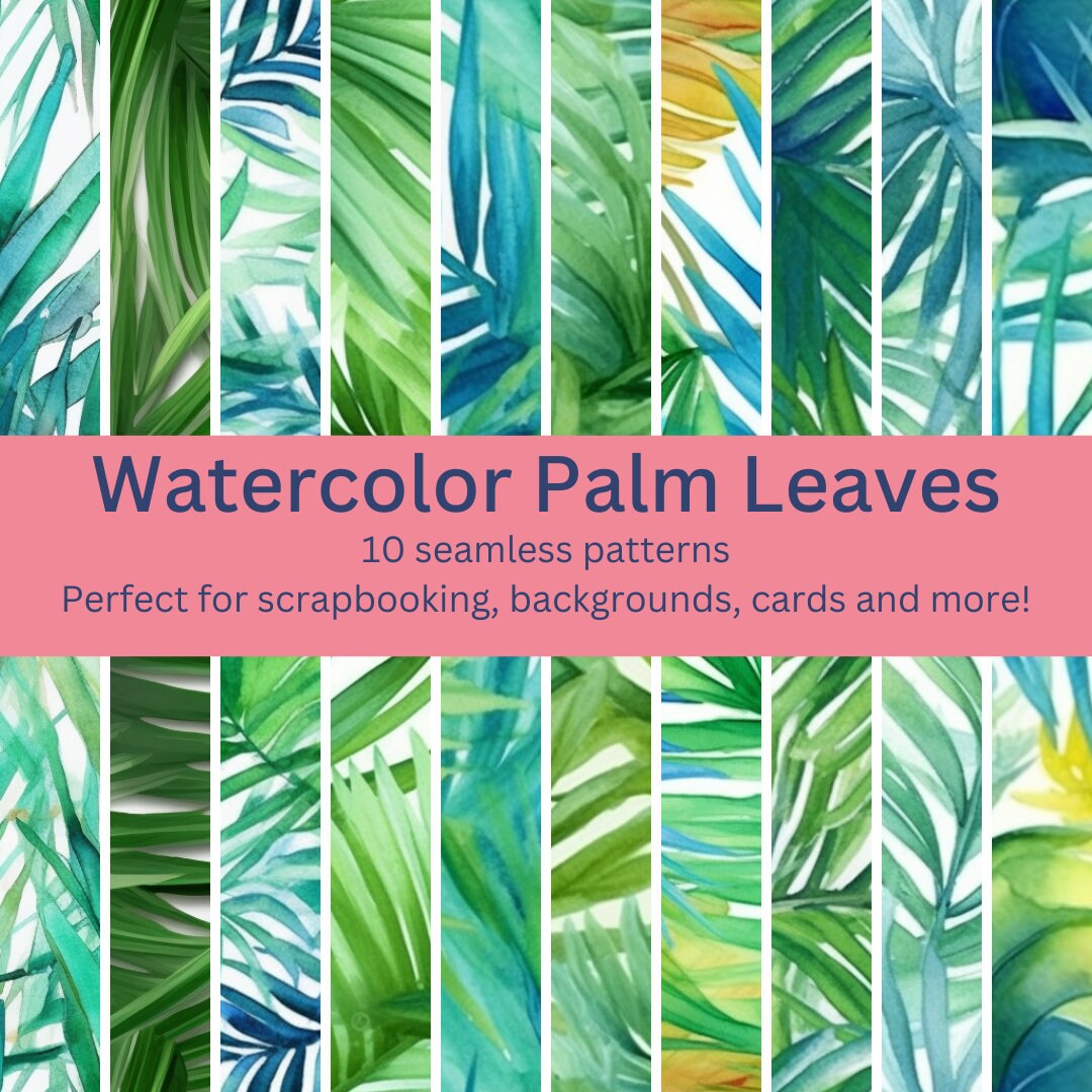 10 More Digital Seamless Watercolor Palm Leaves Patterns: Tropical ...
