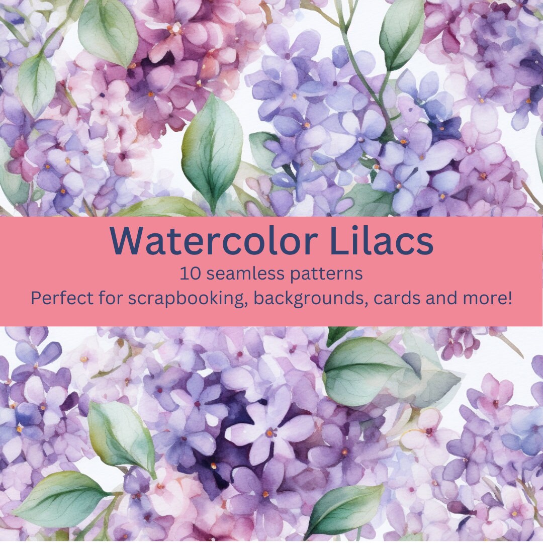 10 Digital Seamless Watercolor Lilac Floral Patterns: Delicate Flower ...