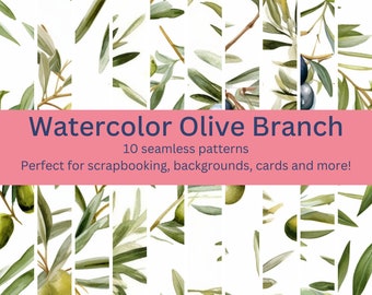 10 Premium Digital Seamless Watercolor Olive Branch Patterns: Even More Natural Designs for Projects, Decor, Backgrounds -Instant Download