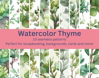 10 Vibrant Digital Seamless Thyme Watercolor Patterns :More Designs Perfect for Herb, Kitchen, Garden-Themed Crafts -Instant Download