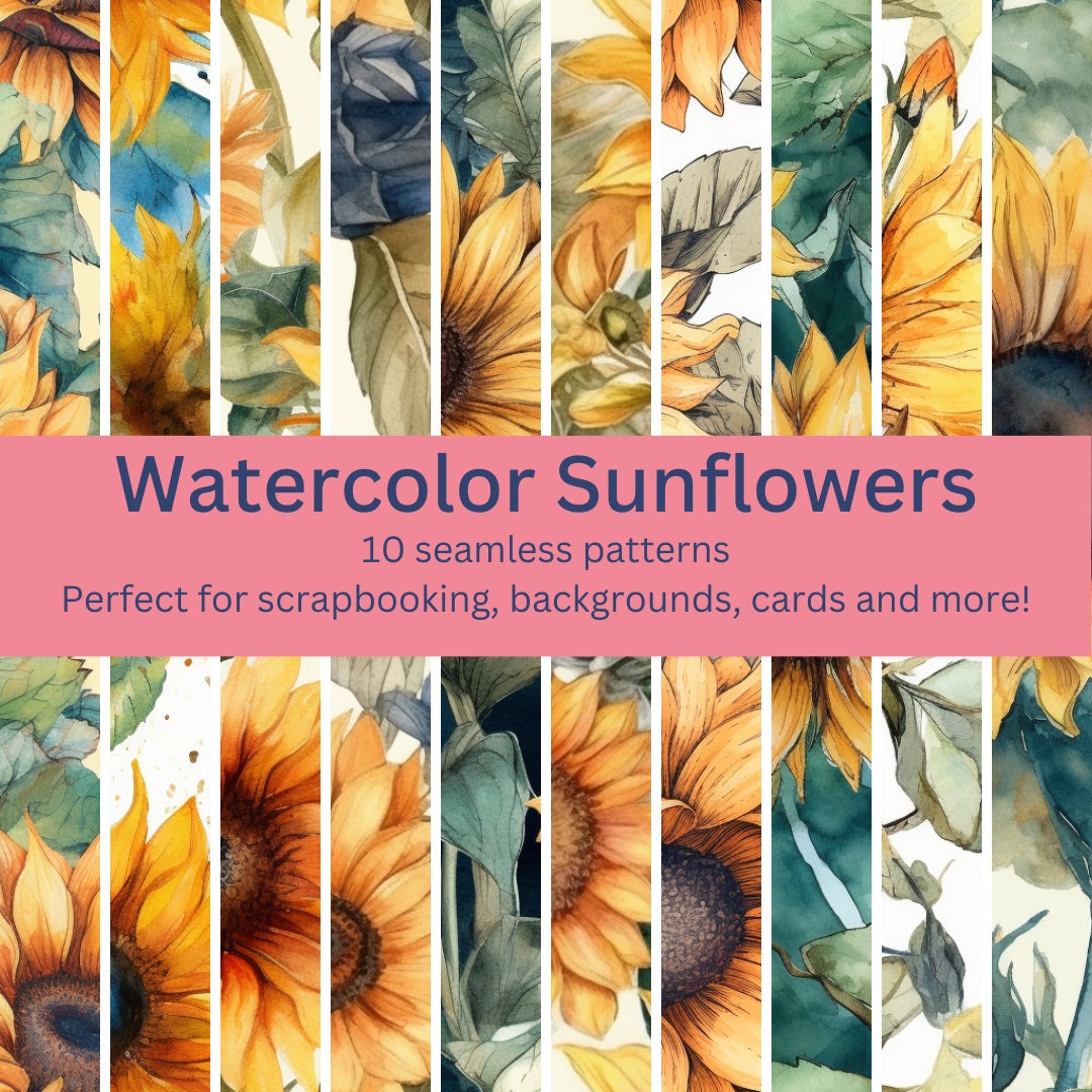 10 Digital Seamless Watercolor Sunflower Patterns: Vibrant Floral ...