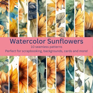 10 Digital Seamless Watercolor Sunflower Patterns: Vibrant Floral Designs for DIY Projects, Invitations & Backgrounds - Instant Download Art