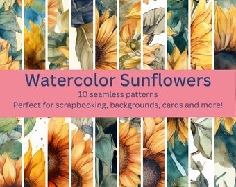 May include: A digital illustration of 10 watercolor sunflower patterns. The sunflowers are yellow and brown with green leaves. The text "Watercolor Sunflowers" and "10 seamless patterns" is displayed on a pink background.