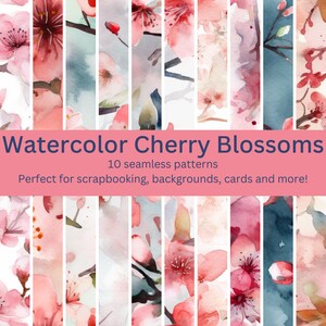 10 patrones de flores de cerezo de acuarela sin costuras digitales: más diseños florales para manualidades, invitaciones y fondos de bricolaje - Descarga instantánea